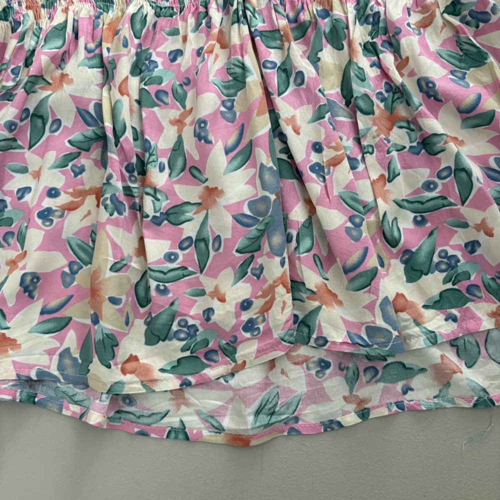 Polagram Floral Smocked Puff Sleeve Women's Top Pink Green Medium Summer - Picture 10 of 10